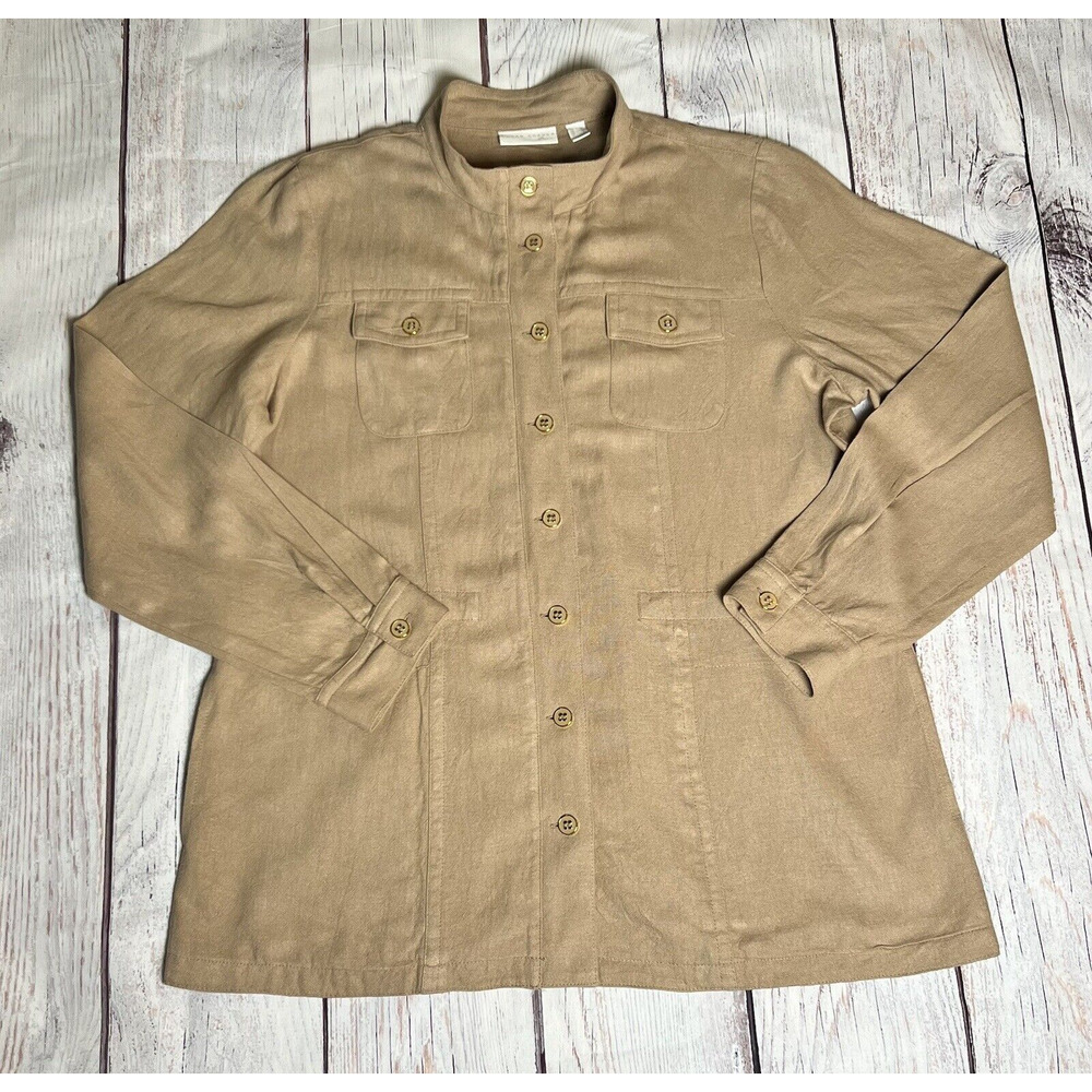 Susan Graver Linen Rayon Button Up Jacket Beige Modern Top w Pockets L